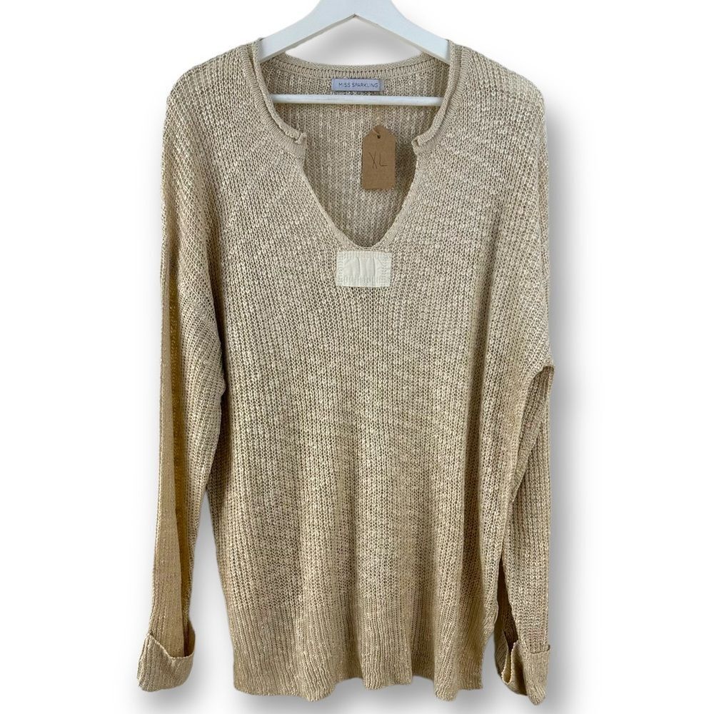 Miss Sparking Women's XL Split Neck Loose Knit Sweater Beige Tan Transitional